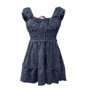 NEW Ruffle Sleeve Sweetheart Neckline Floral Summer Dress in Navy Blue